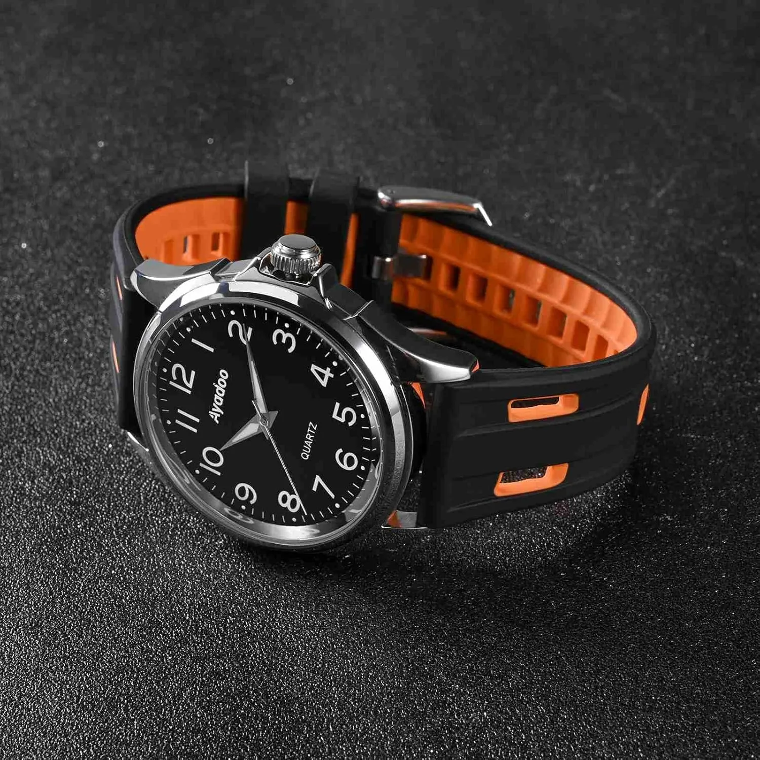 Ayadoo 24mm Bi-color Silicone Watch Band Quick Release Replacement Black & Orange Watch Strap with Black Stainless Steel Buckle