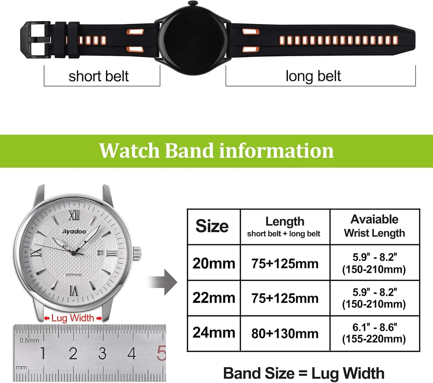 Ayadoo 24mm Bi-color Silicone Watch Band Quick Release Replacement Black & Orange Watch Strap with Black Stainless Steel Buckle