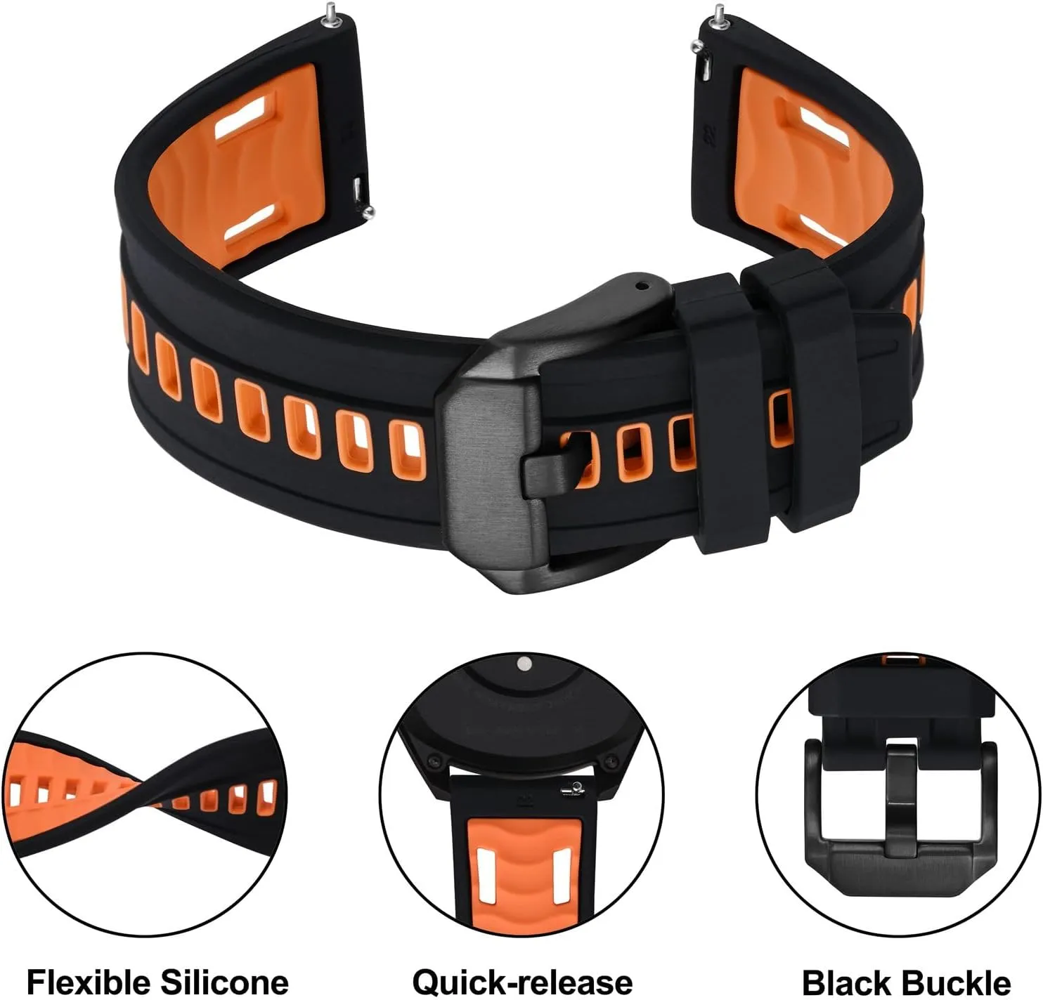 Ayadoo 24mm Bi-color Silicone Watch Band Quick Release Replacement Black & Orange Watch Strap with Black Stainless Steel Buckle
