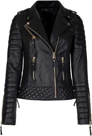 Azrah 100% Leather Jacket for Women - Collarless Deep Neck & Slim Fit - Moto, Bomber, Biker Winter Casual Wear