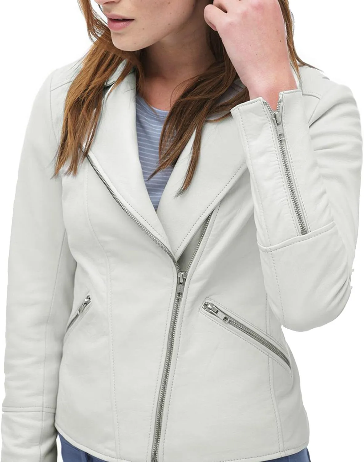 Azrah 100% Leather Jacket for Women - Collarless Deep Neck & Slim Fit - Moto, Bomber, Biker Winter Casual Wear
