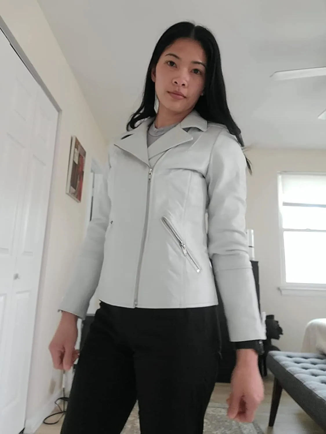 Azrah 100% Leather Jacket for Women - Collarless Deep Neck & Slim Fit - Moto, Bomber, Biker Winter Casual Wear