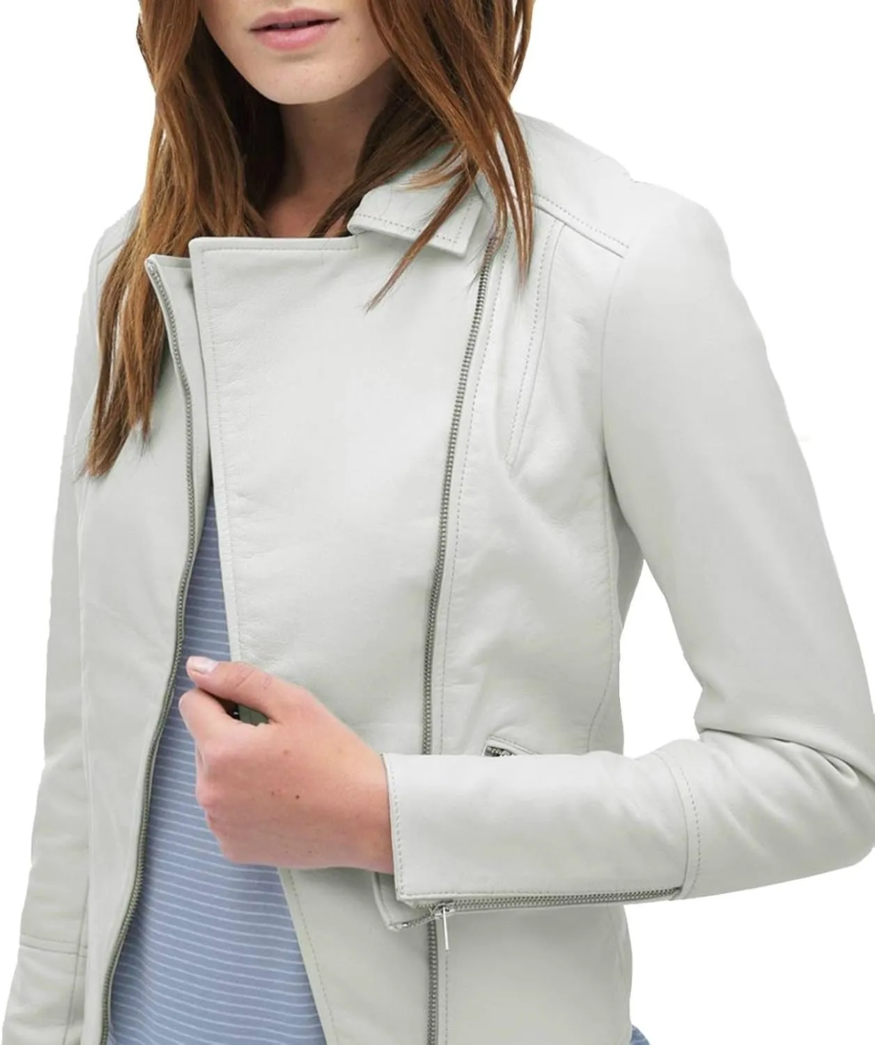 Azrah 100% Leather Jacket for Women - Collarless Deep Neck & Slim Fit - Moto, Bomber, Biker Winter Casual Wear
