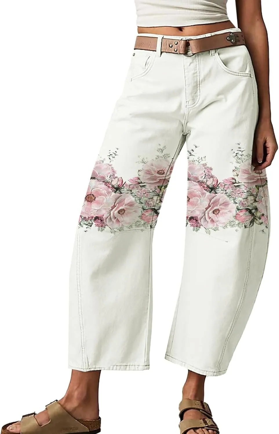 Barrel Jeans Women Mid Rise Wide Leg Baggy Boyfriend Jeans for Women Y2k Floral Print Loose Denim Pants with Pockets