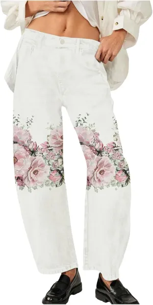 Barrel Jeans Women Mid Rise Wide Leg Baggy Boyfriend Jeans for Women Y2k Floral Print Loose Denim Pants with Pockets