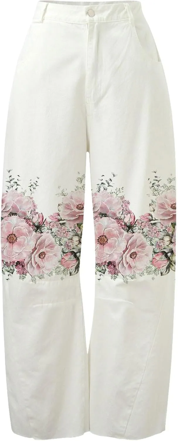 Barrel Jeans Women Mid Rise Wide Leg Baggy Boyfriend Jeans for Women Y2k Floral Print Loose Denim Pants with Pockets