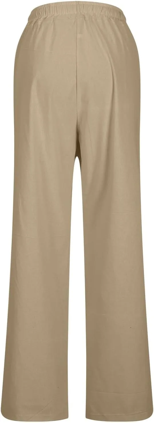 Beach Pants for Women Dressy Casual Wide Leg Linen Pants for Women Drawstring Trousers with Pockets