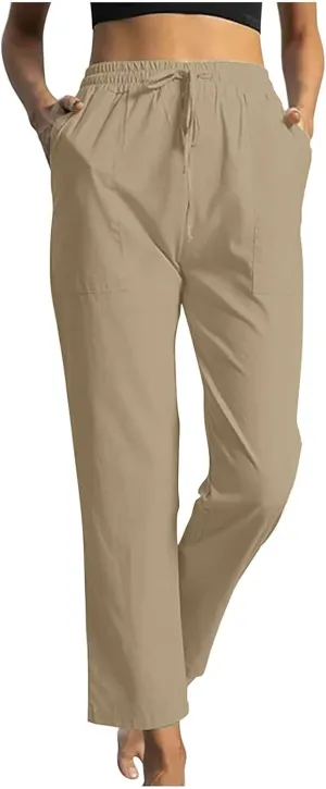Beach Pants for Women Dressy Casual Wide Leg Linen Pants for Women Drawstring Trousers with Pockets