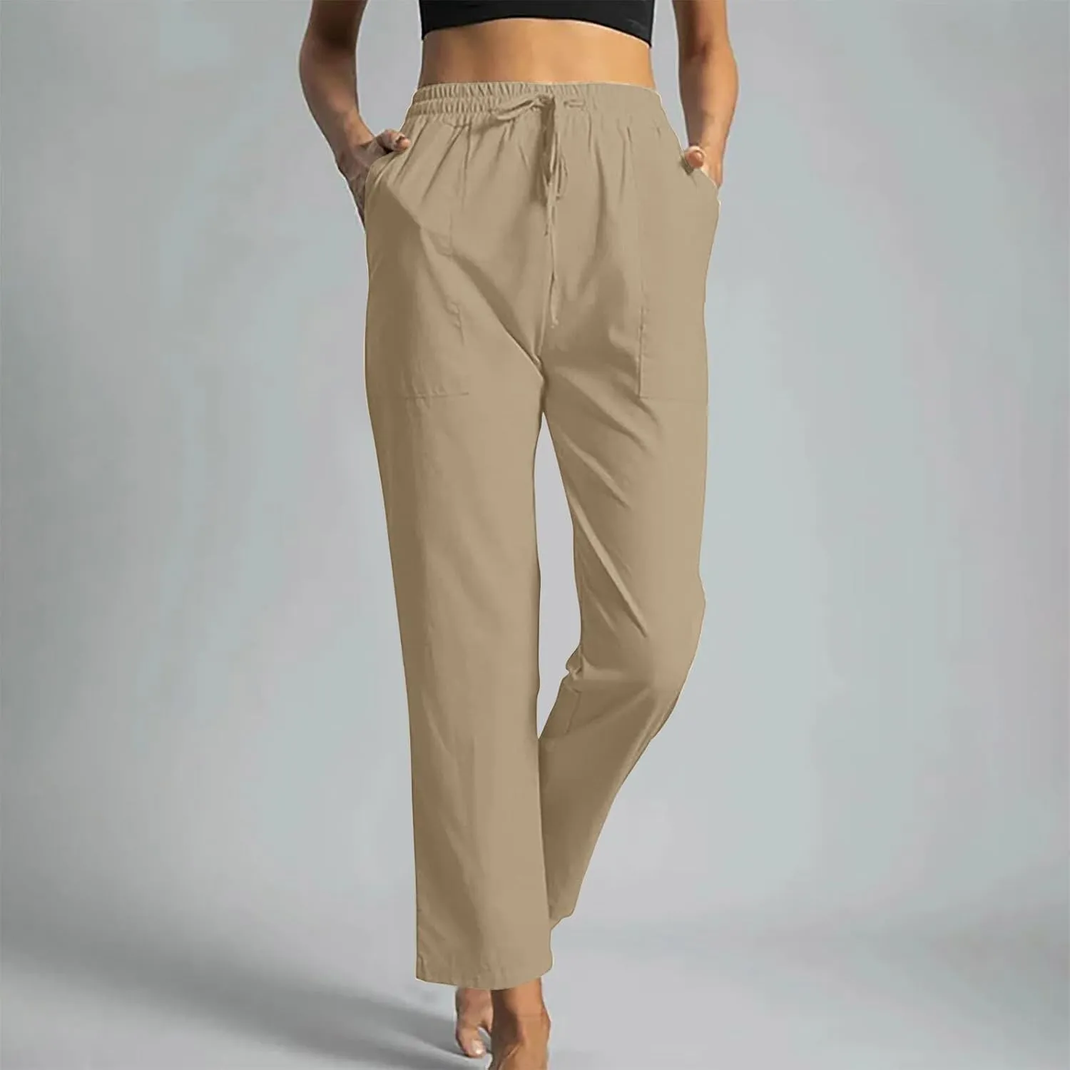 Beach Pants for Women Dressy Casual Wide Leg Linen Pants for Women Drawstring Trousers with Pockets