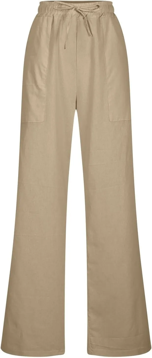 Beach Pants for Women Dressy Casual Wide Leg Linen Pants for Women Drawstring Trousers with Pockets