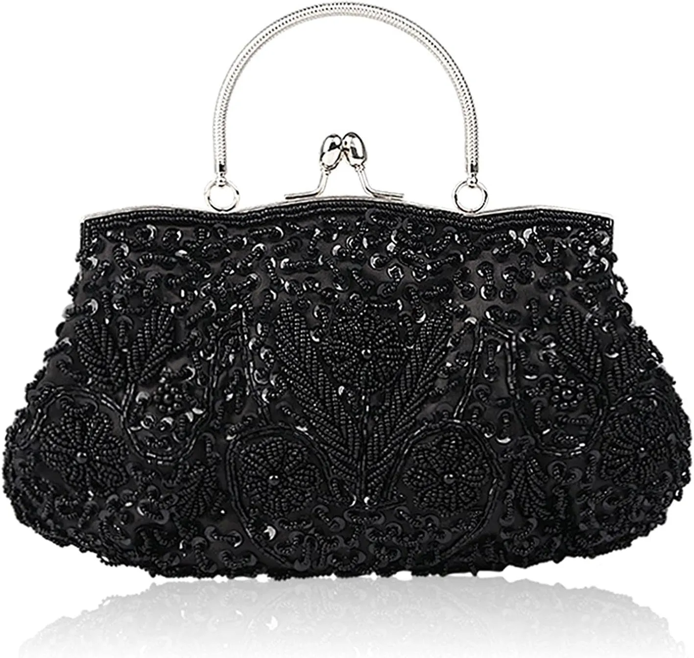 Beaded Sequin Design Flower Evening Purse Large Clutch Bag