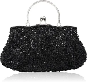 Beaded Sequin Design Flower Evening Purse Large Clutch Bag