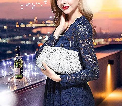 Beaded Sequin Design Flower Evening Purse Large Clutch Bag