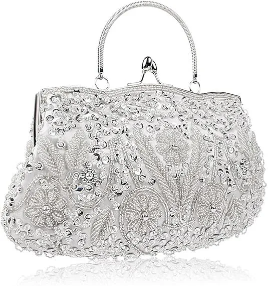 Beaded Sequin Design Flower Evening Purse Large Clutch Bag