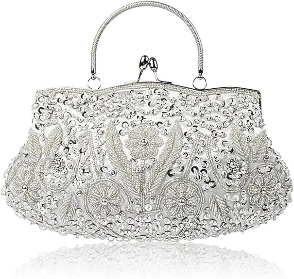 Beaded Sequin Design Flower Evening Purse Large Clutch Bag