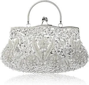 Beaded Sequin Design Flower Evening Purse Large Clutch Bag