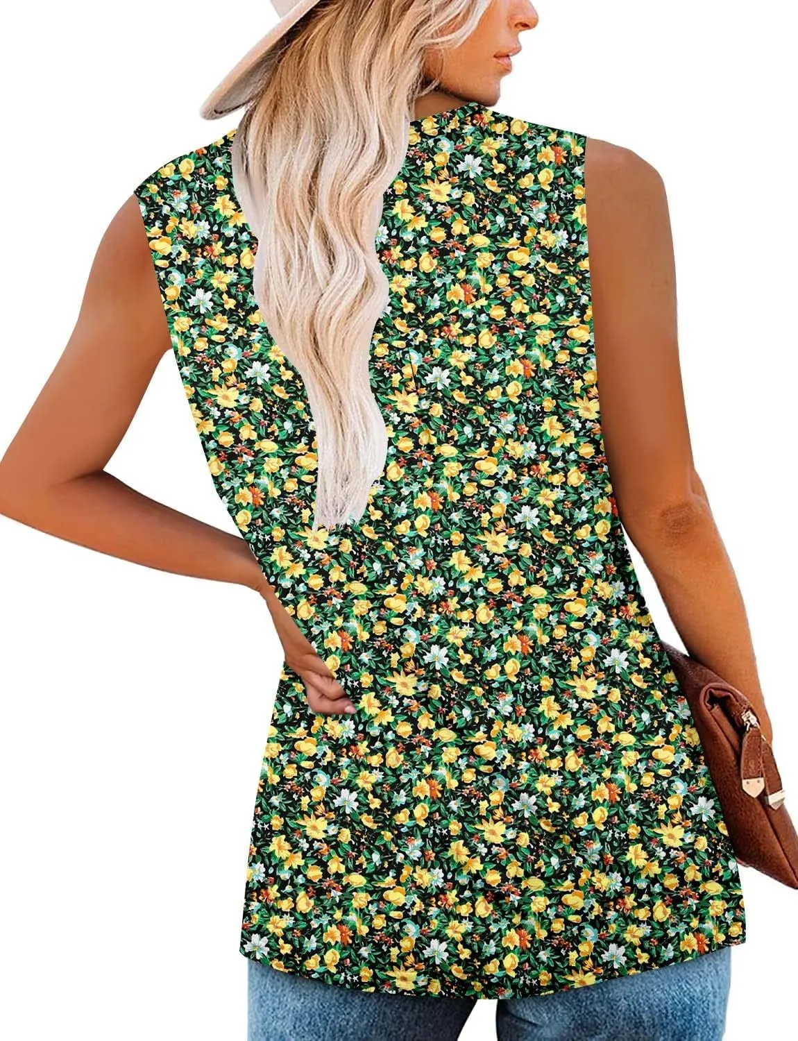 BETTE BOUTIK Womens Sleeveless Tunics Henley Shirts V-Neck Button Down Blouse Tank Tops Casual Pleated Basic