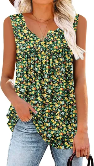 BETTE BOUTIK Womens Sleeveless Tunics Henley Shirts V-Neck Button Down Blouse Tank Tops Casual Pleated Basic