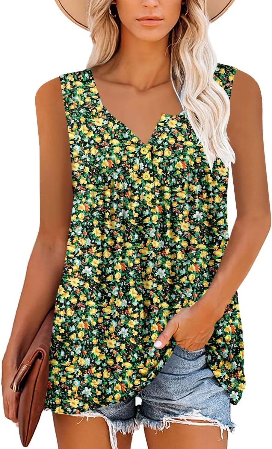 BETTE BOUTIK Womens Sleeveless Tunics Henley Shirts V-Neck Button Down Blouse Tank Tops Casual Pleated Basic