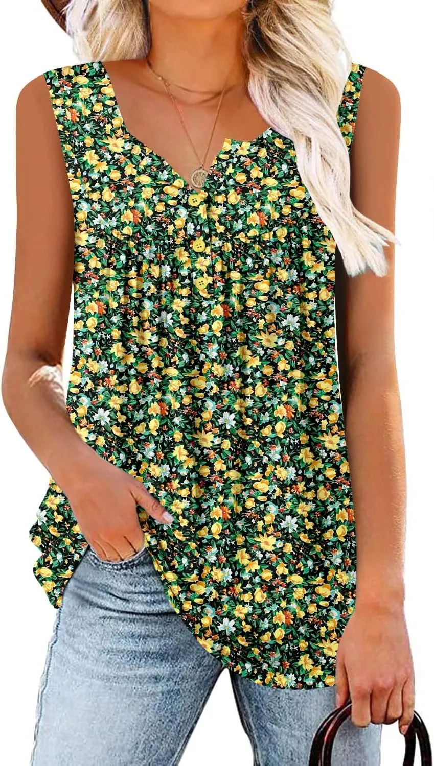 BETTE BOUTIK Womens Sleeveless Tunics Henley Shirts V-Neck Button Down Blouse Tank Tops Casual Pleated Basic