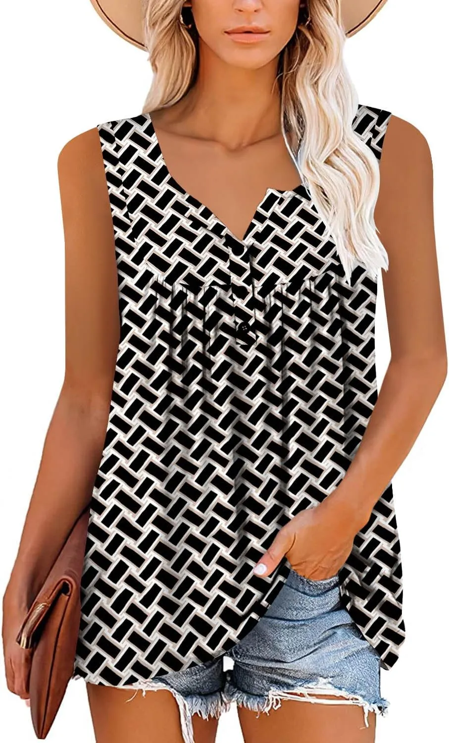 BETTE BOUTIK Womens Sleeveless Tunics Henley Shirts V-Neck Button Down Blouse Tank Tops Casual Pleated Basic