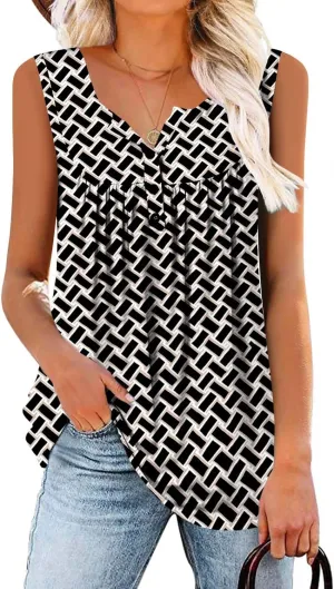BETTE BOUTIK Womens Sleeveless Tunics Henley Shirts V-Neck Button Down Blouse Tank Tops Casual Pleated Basic