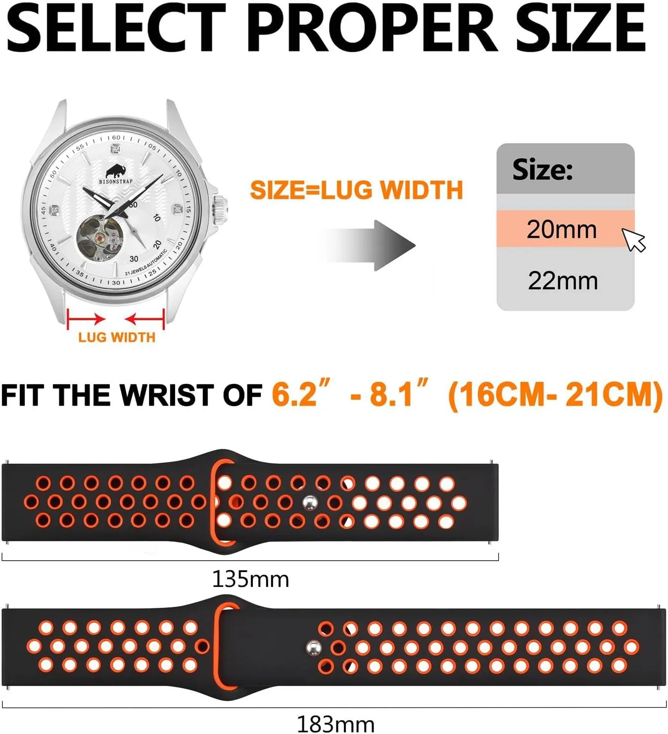BISONSTRAP 20mm 22mm Watch Bands for Men and Women, Ventilated Silicone Watch Straps, Quick Release Sport Loop Band