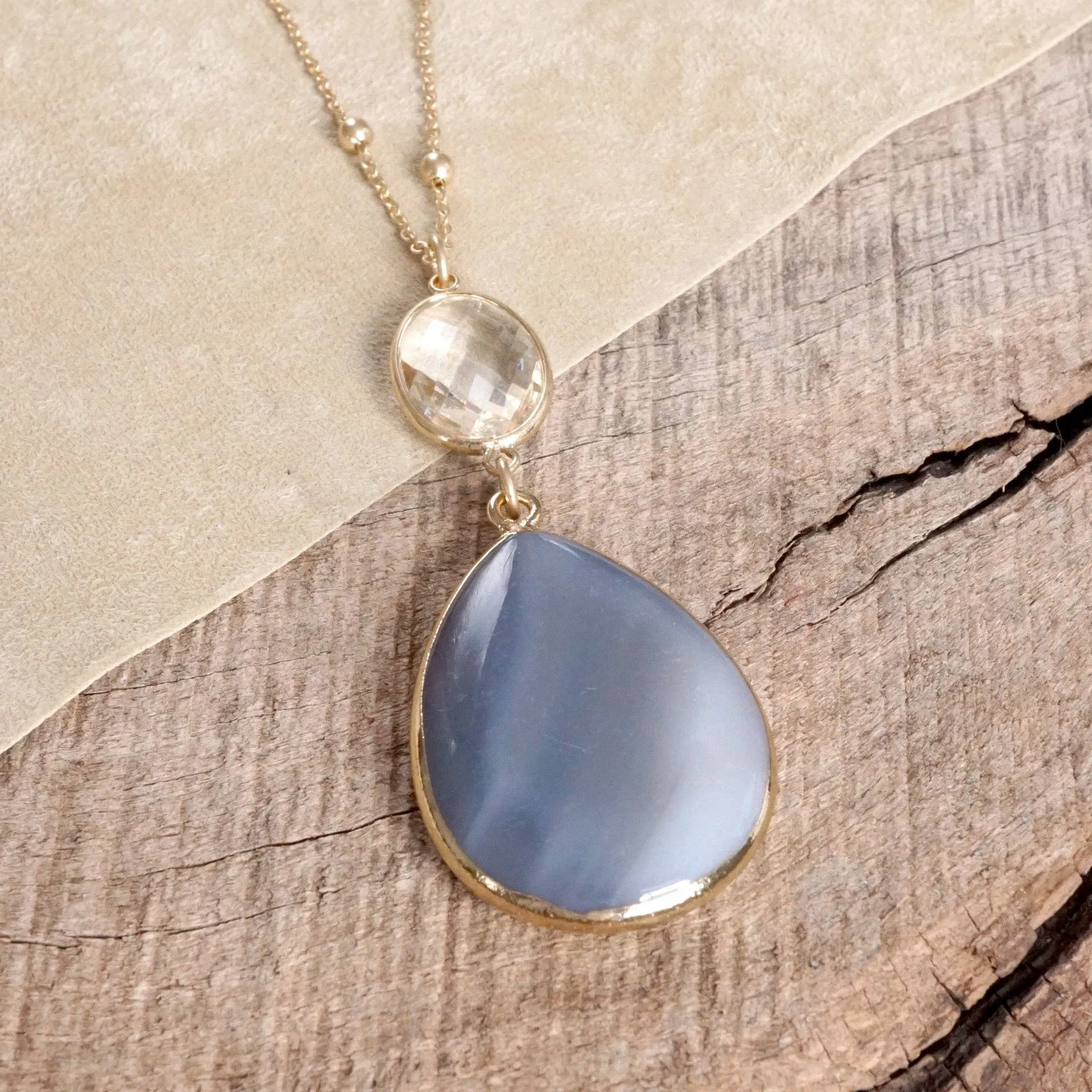 Boho Minimal Long Necklace with Teardrop Natural Stone Pendant  Gray and Worn Gold Tone (Copy)