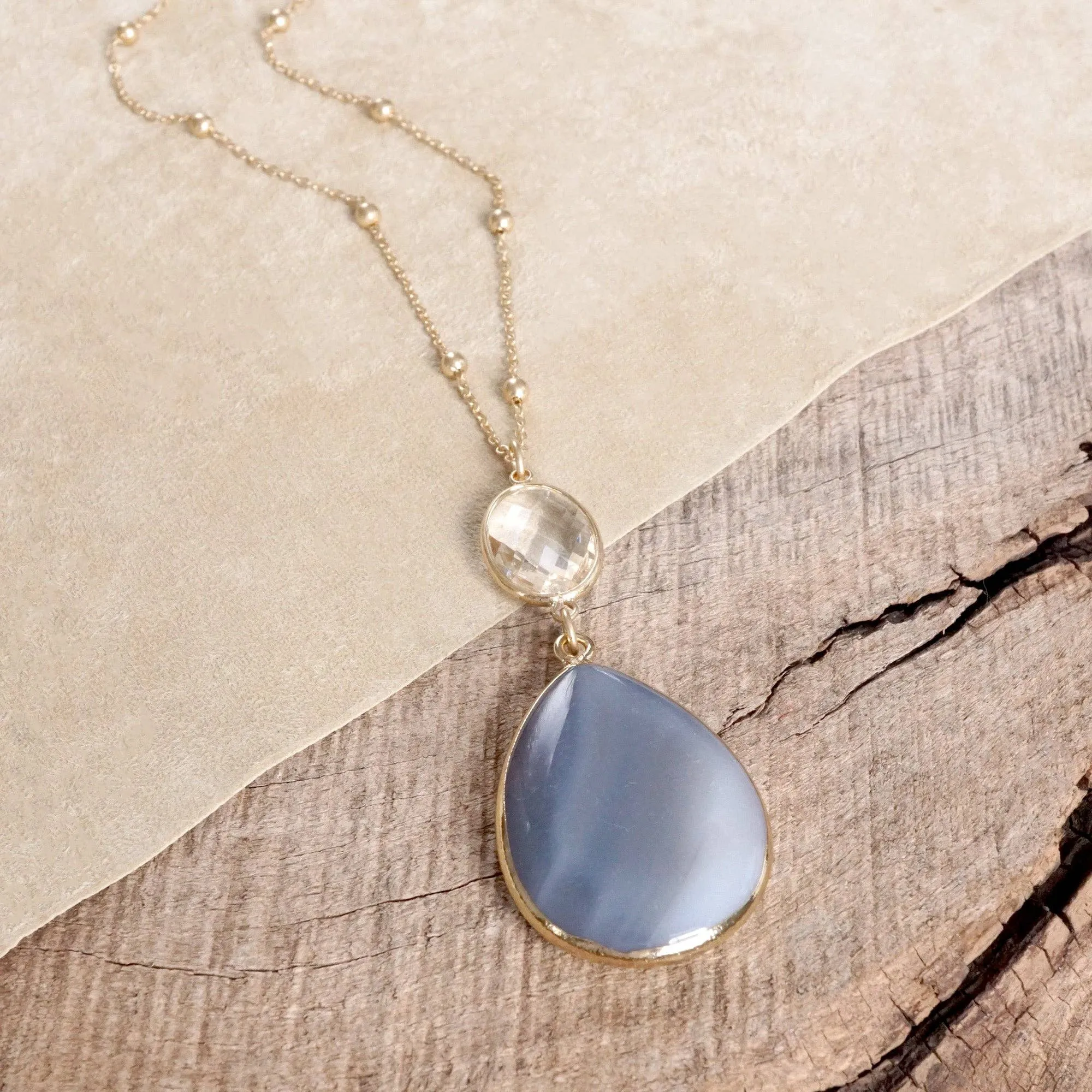 Boho Minimal Long Necklace with Teardrop Natural Stone Pendant  Gray and Worn Gold Tone (Copy)