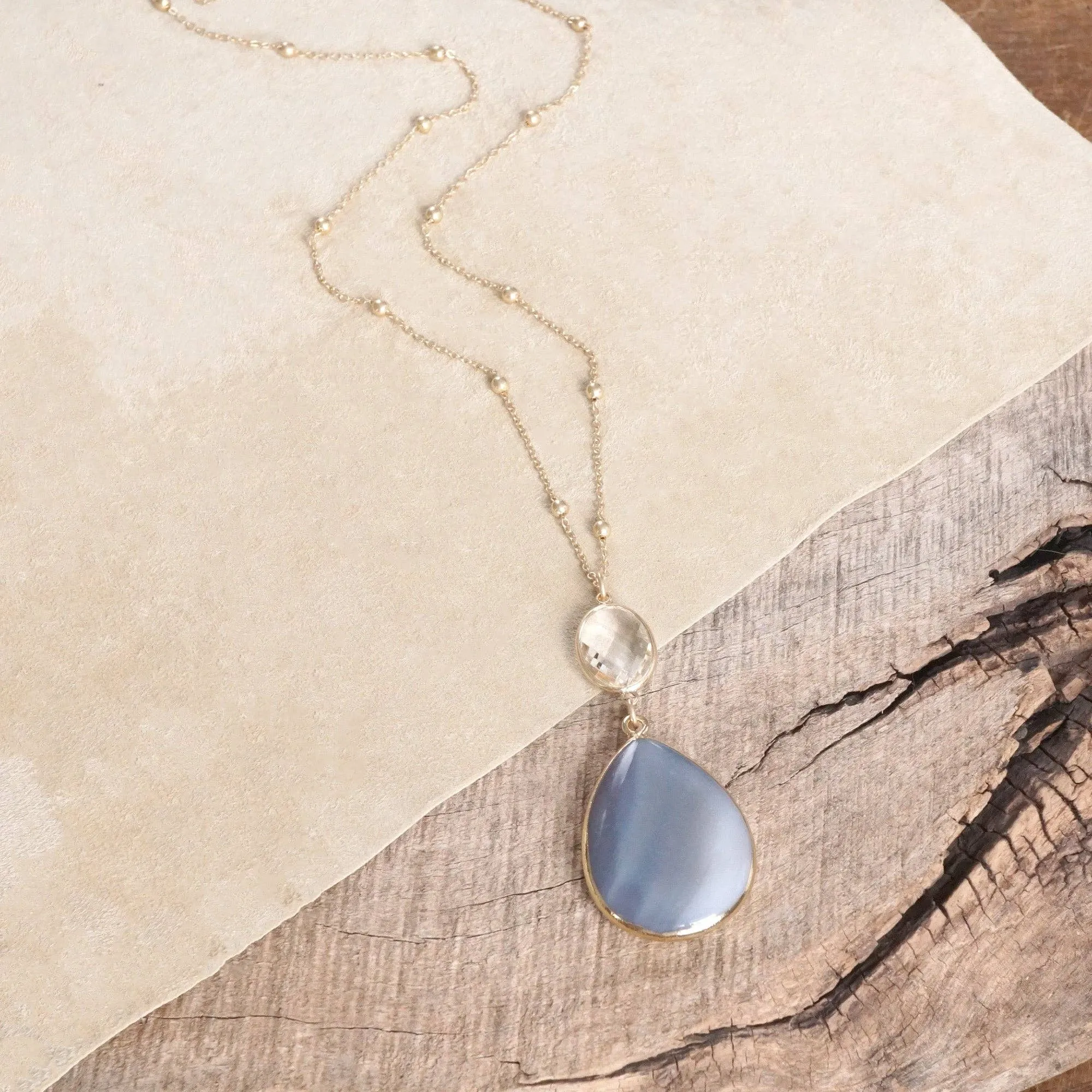 Boho Minimal Long Necklace with Teardrop Natural Stone Pendant  Gray and Worn Gold Tone (Copy)