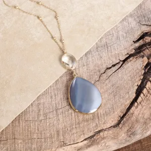 Boho Minimal Long Necklace with Teardrop Natural Stone Pendant  Gray and Worn Gold Tone (Copy)
