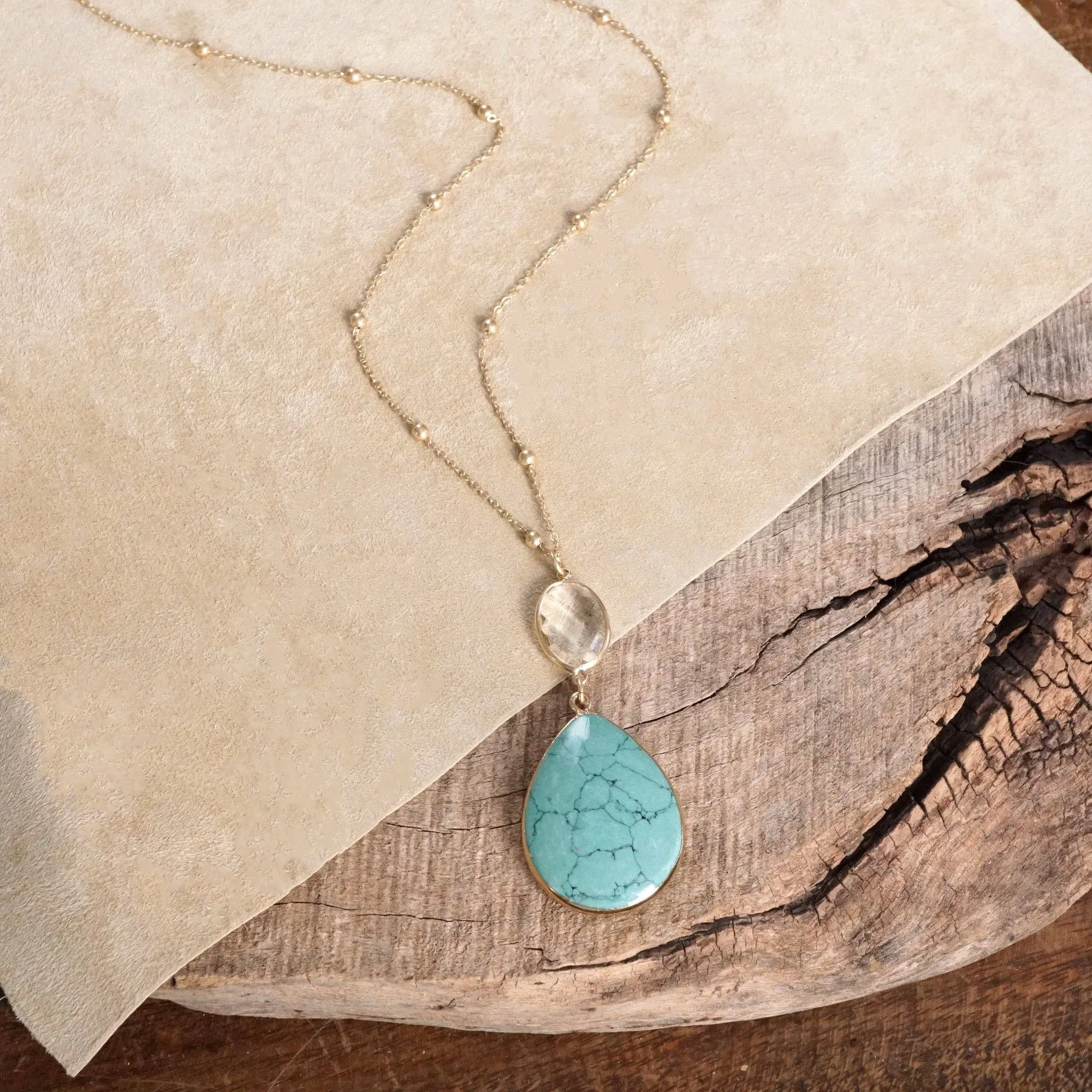 Boho Minimal Long Necklace with Teardrop Natural Stone Pendant  Worn Gold Tone