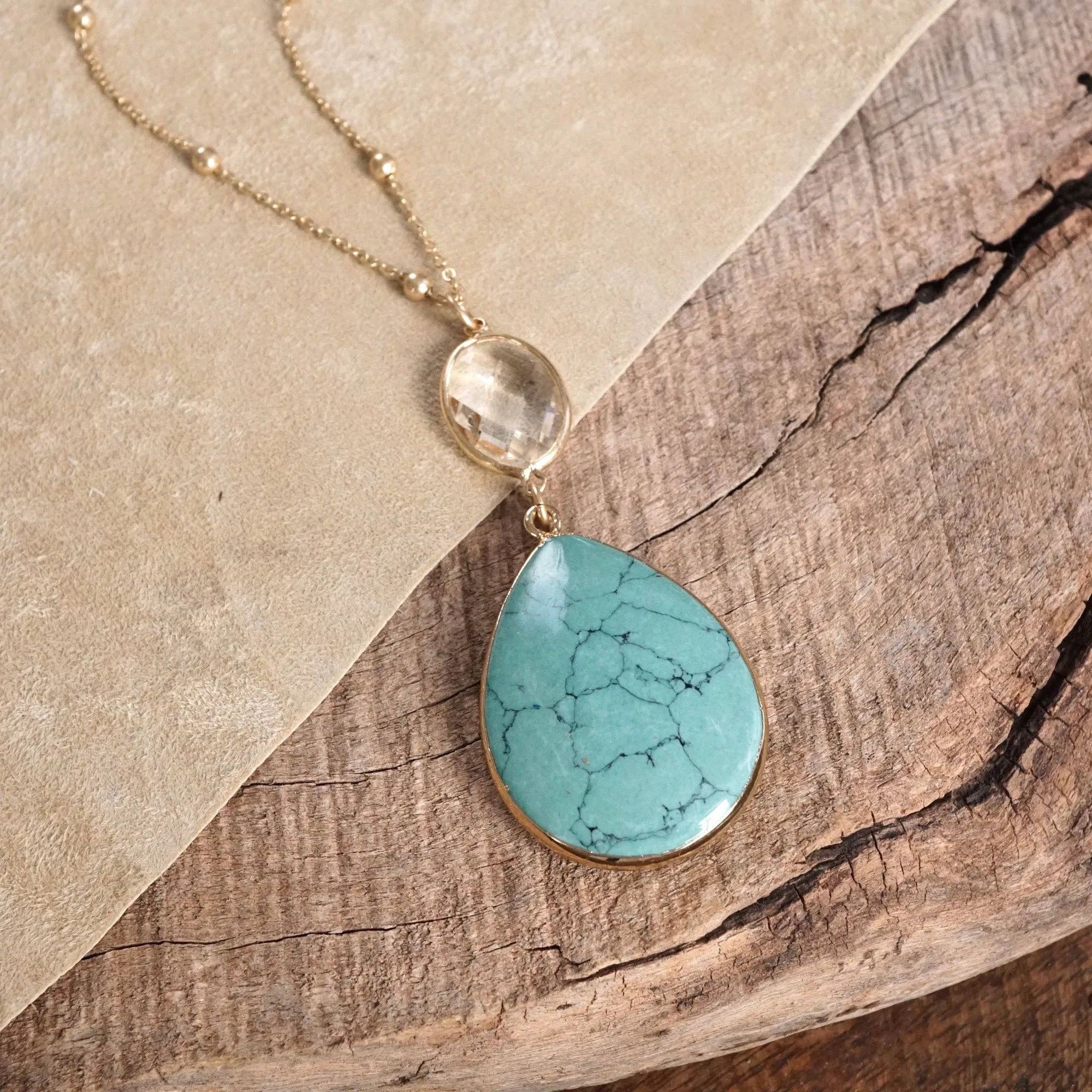 Boho Minimal Long Necklace with Teardrop Natural Stone Pendant  Worn Gold Tone