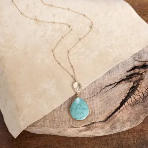 Boho Minimal Long Necklace with Teardrop Natural Stone Pendant  Worn Gold Tone