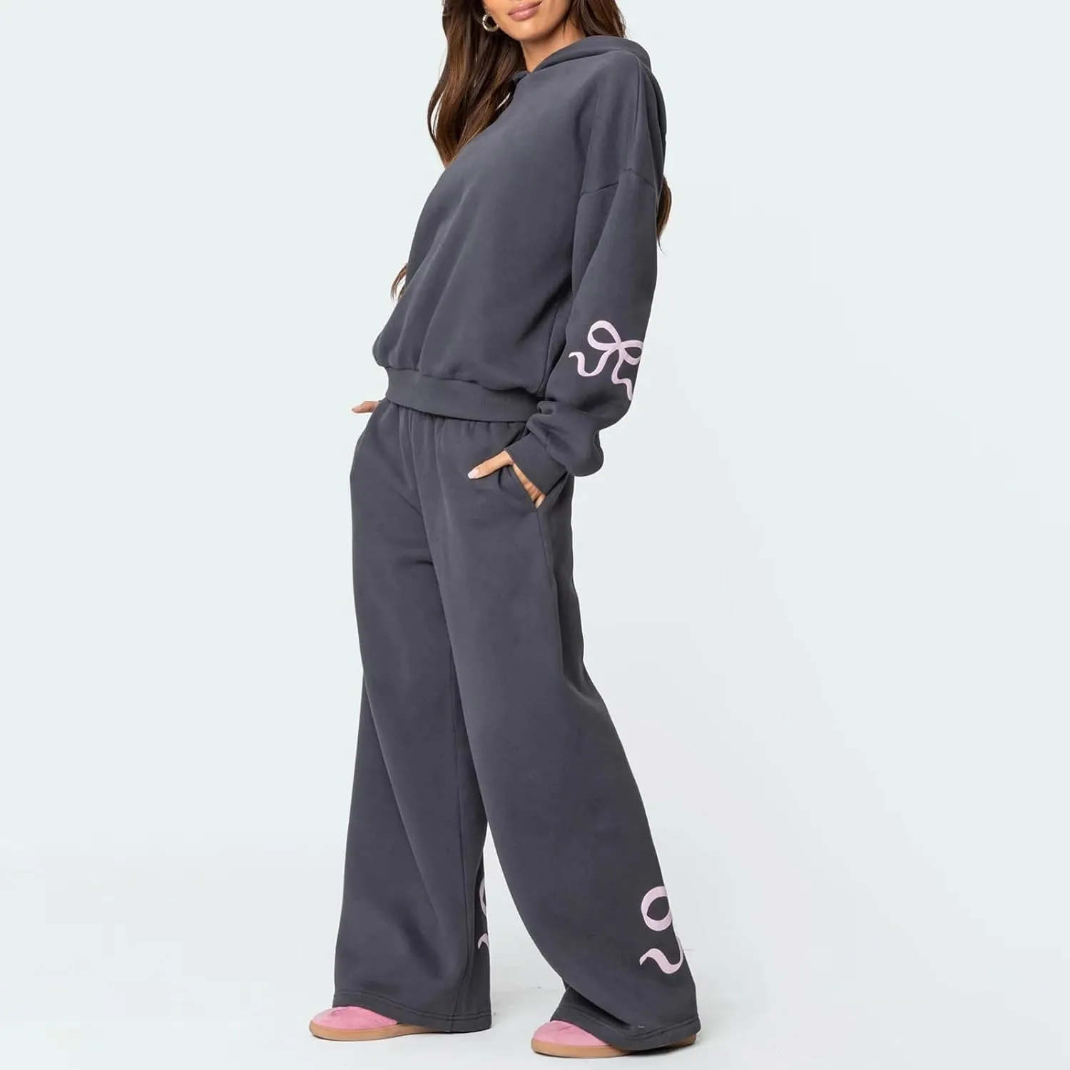 Bow Sweatsuits for Women Two Piece Tracksuit Graphic Oversized Hoodie Sweatshirt Sweatpants Sweat Set for Teen Girl