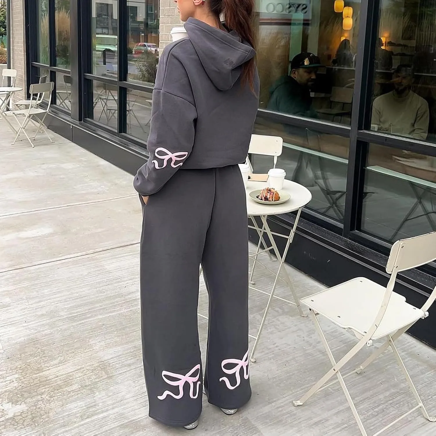 Bow Sweatsuits for Women Two Piece Tracksuit Graphic Oversized Hoodie Sweatshirt Sweatpants Sweat Set for Teen Girl