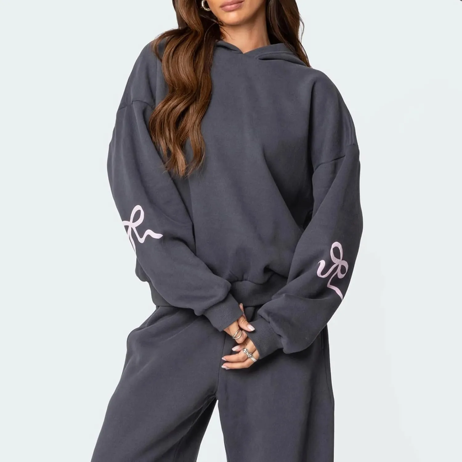 Bow Sweatsuits for Women Two Piece Tracksuit Graphic Oversized Hoodie Sweatshirt Sweatpants Sweat Set for Teen Girl