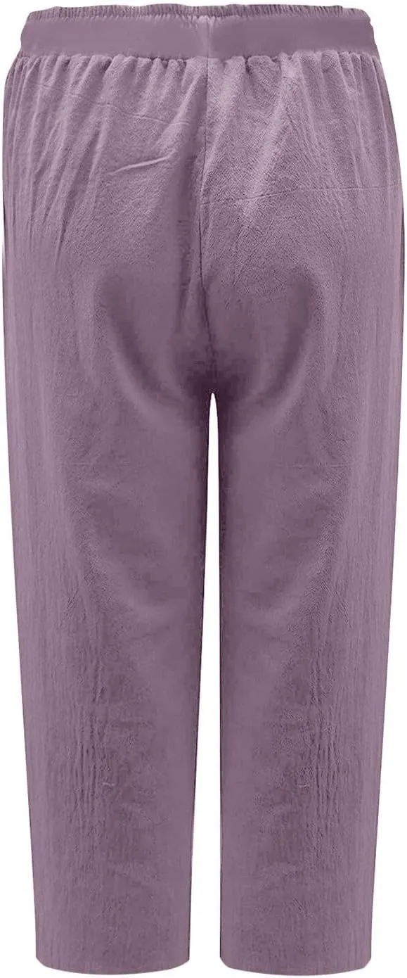 Capri Linen Pants Women Summer Drawstring Pockets Wide Leg Capris Loose Casual Palazzo Capris Beach Vacation Outfits