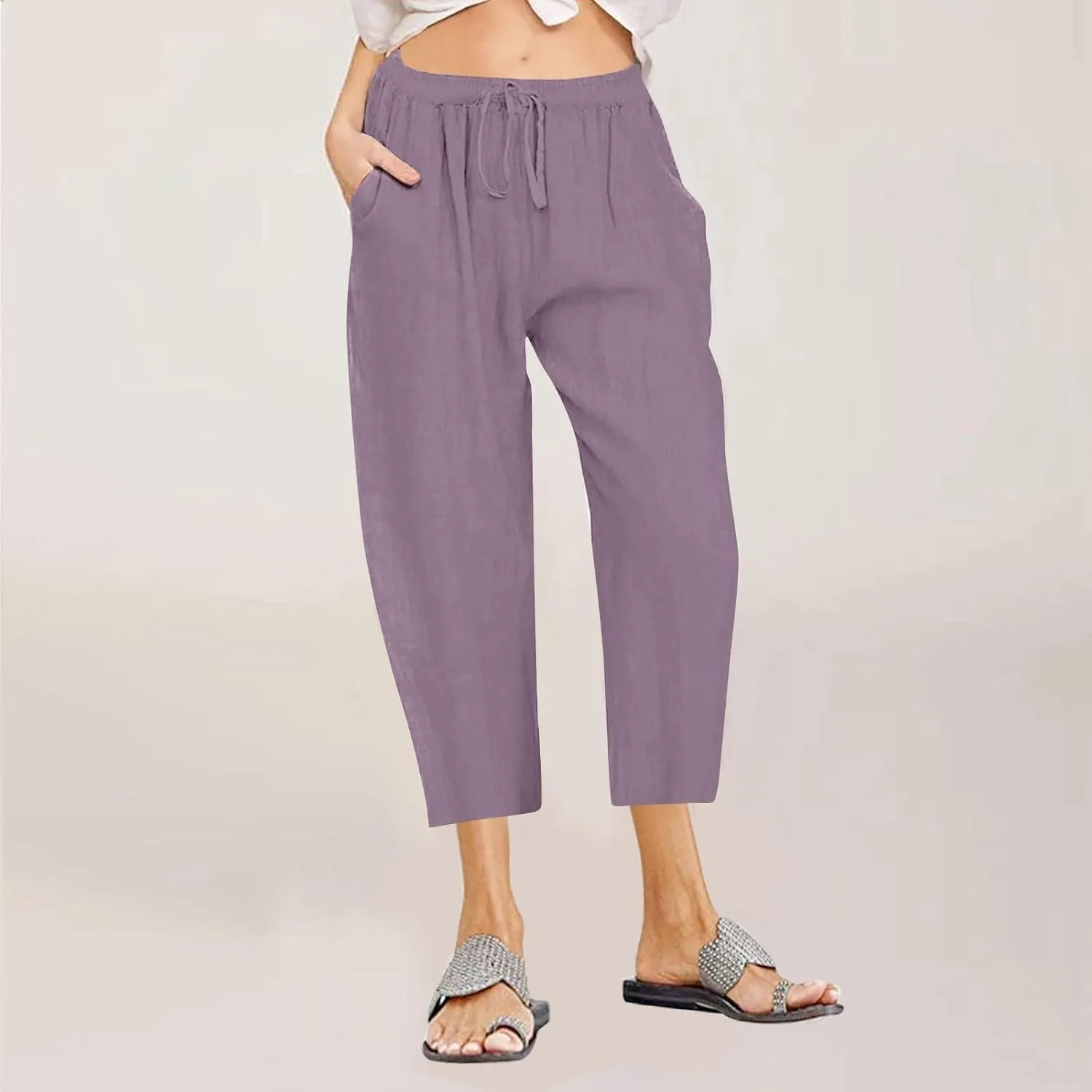 Capri Linen Pants Women Summer Drawstring Pockets Wide Leg Capris Loose Casual Palazzo Capris Beach Vacation Outfits