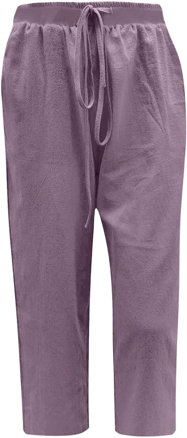 Capri Linen Pants Women Summer Drawstring Pockets Wide Leg Capris Loose Casual Palazzo Capris Beach Vacation Outfits