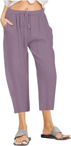 Capri Linen Pants Women Summer Drawstring Pockets Wide Leg Capris Loose Casual Palazzo Capris Beach Vacation Outfits