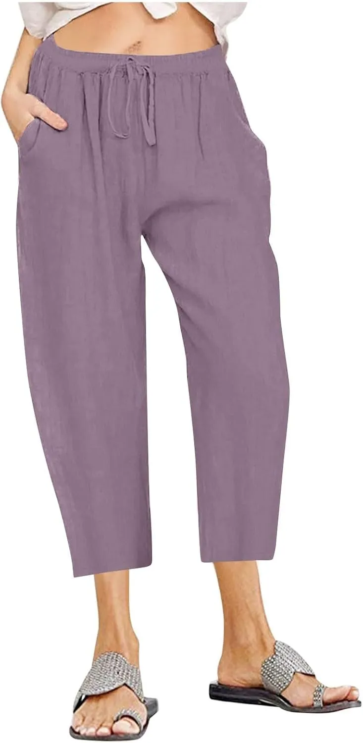 Capri Linen Pants Women Summer Drawstring Pockets Wide Leg Capris Loose Casual Palazzo Capris Beach Vacation Outfits