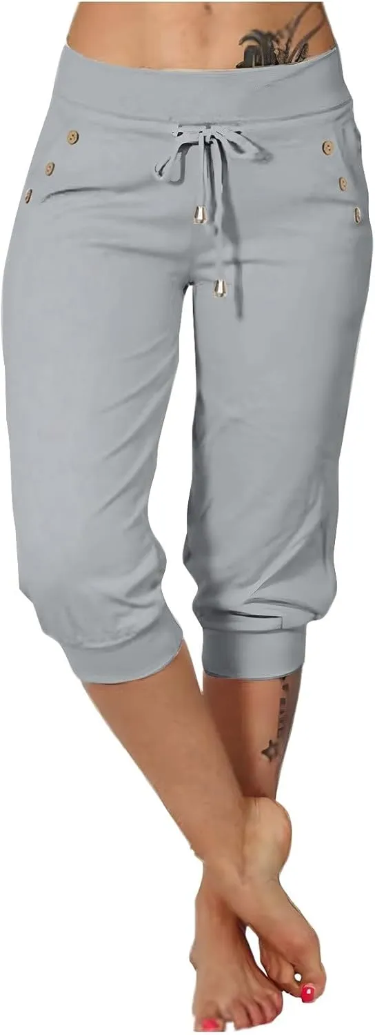 Capri Pants for Women High Waisted Drawstring Trousers Stretch Lightweight Hiking Pant Capri Joggers with Pockets