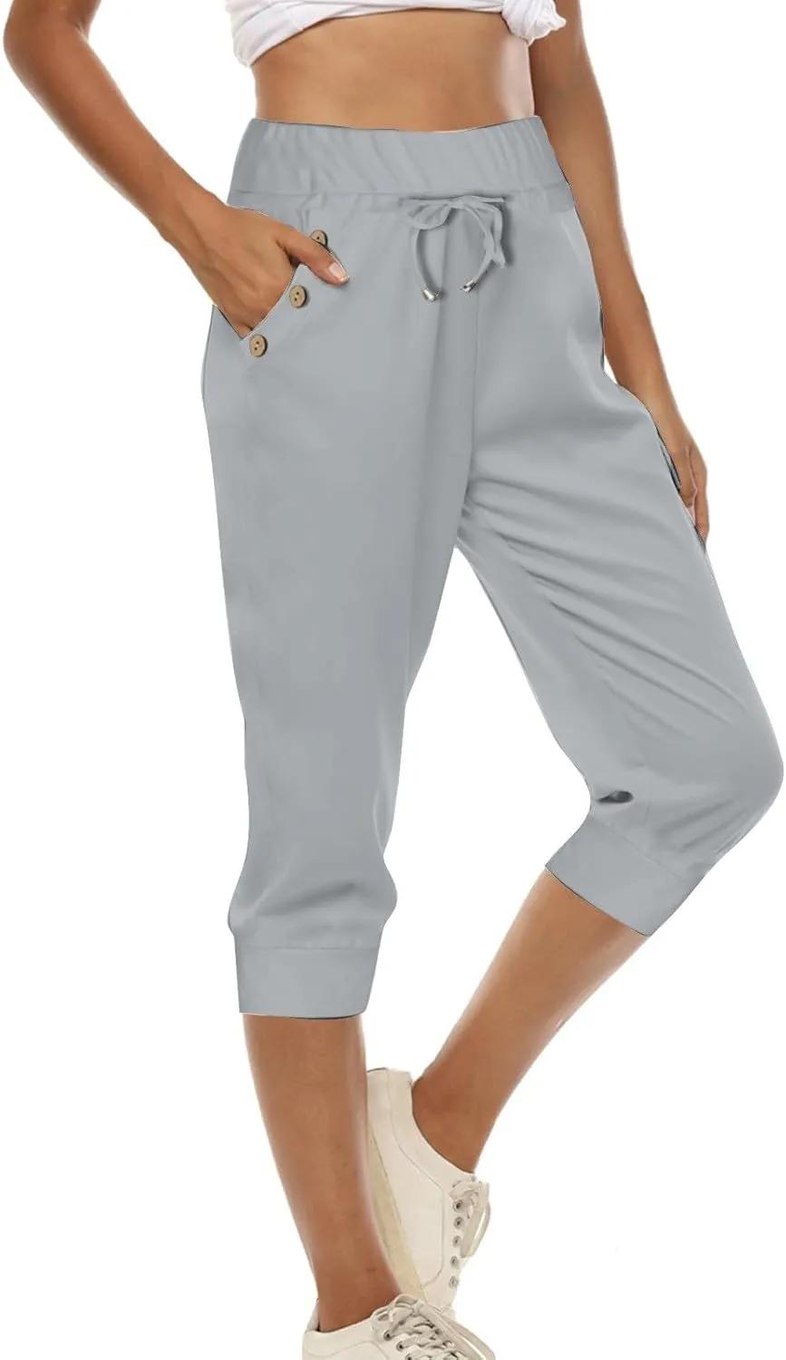 Capri Pants for Women High Waisted Drawstring Trousers Stretch Lightweight Hiking Pant Capri Joggers with Pockets