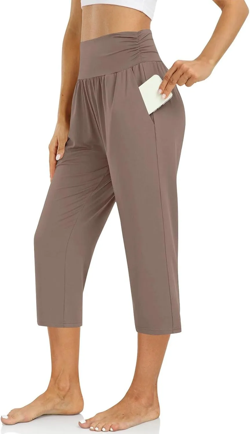 Capri Pants for Women Stretchy Waist Sweatpants Business Casual Slim Straight Leg Trousers Summer Loungewear