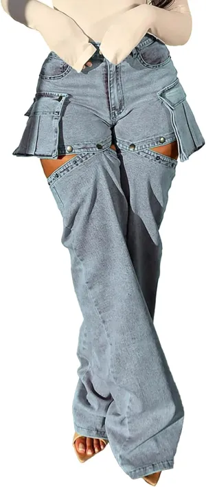 Cargo Jeans for Women Y2K High Waisted Baggy Jeans Straight Wide Leg Cargo Pants Streetwear
