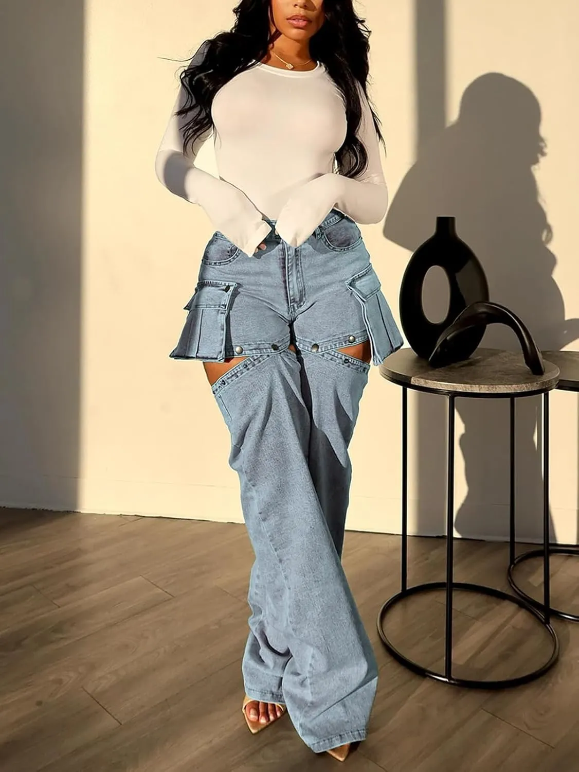Cargo Jeans for Women Y2K High Waisted Baggy Jeans Straight Wide Leg Cargo Pants Streetwear