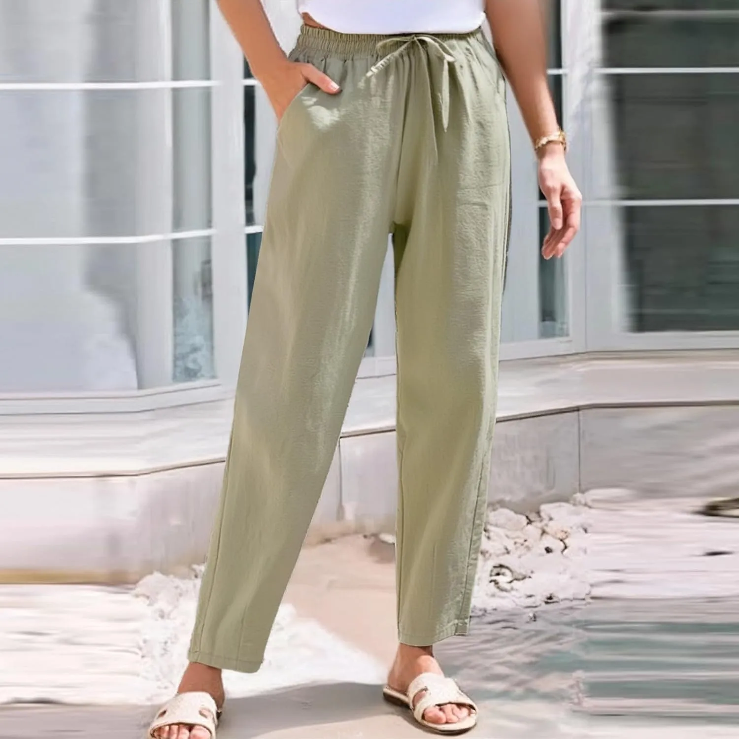 Cargo Pants Women, Wide Leg Pants Casual Peasant Linen Straight Trendy Drawstring