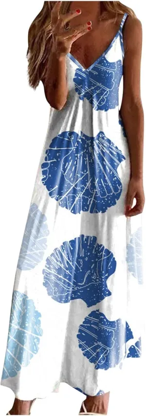 Casual Fashion Women's Sling Slim Fit Slim Long Swing Sleeveless Print Dress Blossoms Strap Dress