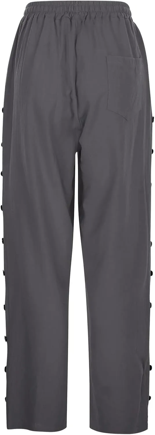 Casual Pants for Women Elastic Waisted Summer Trendy Linen Capri Pants Beach Wide Leg Baggy Cotton Cropped Trousers
